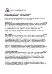 Performing Arts Regional Touring Boost panel Successful applications – July round 2014 Three out of five applications to the Performing Arts Regional Touring Boost Panel were supported to a total of $192,000 (Total req