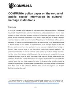      COMMUNIA policy paper on the re­use of  public  sector  information  in  cultural 