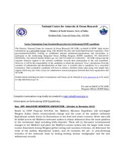 National Centre for Antarctic & Ocean Research (Ministry of Earth Sciences, Govt. of India) Headland Sada, Vasco-da-Gama, Goa[removed]Invites Nominations from Scientists/Researchers for forthcoming IODP expeditions Th