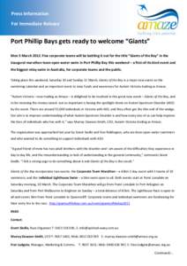 Microsoft Word - Media Release - Port Phillip Bays gets ready to welcome Giants - Mon 5 March[removed]for immediate release