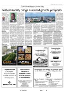The Japan Times  Thursday, October 24, 2013  7  Zambia independence day Political stability brings sustained growth, prosperity Ng’ona Mwelwa Chibesakunda
