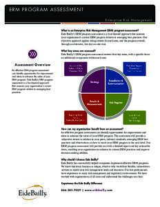 ER M PROG R A M A SSE SS M EN T Enter p r ise Risk Ma na ge m e nt What is an Enterprise Risk Management (ERM) program assessment? Eide Bailly’s ERM program assessment is a four-layered approach that assesses your orga