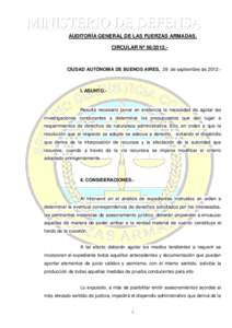 MINISTERIO DE DEFENSA AUDITORÍA GENERAL DE LAS FUERZAS ARMADAS. CIRCULAR Nº [removed]CIUDAD AUTÓNOMA DE BUENOS AIRES, 28 de septiembre de 2012.-