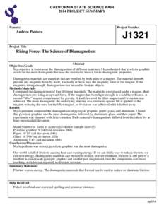 CALIFORNIA STATE SCIENCE FAIR 2014 PROJECT SUMMARY Name(s)  Andrew Pantera