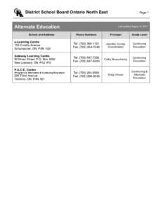 District School Board Ontario North East  Alternate Education School and Address  Page 1