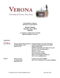 TOWNSHIP OF VERONA BOARD OF ADJUSTMENT Regular Meeting Thursday May 8, 2014 8:00 PM