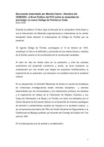Documento presentado por Mariela Castro al Buró Político del PCC sobre la necesidad de promulgar un nuevo Código de Familia en Cuba.