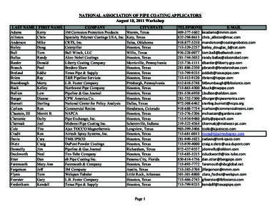 NATIONAL ASSOCIATION OF PIPE COATING APPLICATORS August 18, 2011 Workshop LAST NAME Adams Alliston Anderson