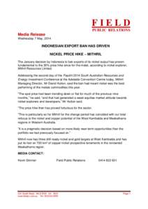 FIELD PUBLIC RELATIONS Media Release Wednesday 7 May, 2014