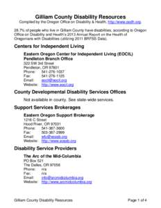 Gilliam County Disability Resources Compiled by the Oregon Office on Disability & Health, http://www.oodh.org. 28.7% of people who live in Gilliam County have disabilities, according to Oregon Office on Disability and He