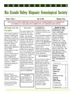 Rio Grande Valley Hispanic Genealogical Society Volume 3 Issue 3 July 15, 2012  Harlingen, Texas