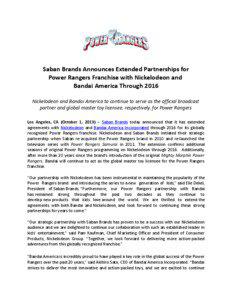 Saban Brands Announces Extended Partnerships for Power Rangers Franchise with Nickelodeon and Bandai America Through 2016