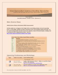 Issue: July 2012 Next MEPAG Meeting – October 3-4, 2012 – Monrovia, CA Mars Science News (NASA) Science Mission Directorate (SMD) Announcement: SMD has created a new web page on SARA through which we are soliciting v