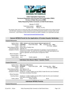Public Participation Opportunity Tennessee Department of Environment and Conservation (TDEC) Division of Water Resources (DWR) Notice Requesting Public Comments on Draft Permit Actions  January 12, 2015