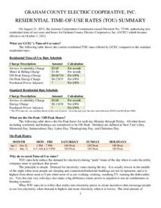 GRAHAM COUNTY ELECTRIC COOPERATIVE, INC.  RESIDENTIAL TIME-OF-USE RATES (TOU) SUMMARY On August 21, 2012, the Arizona Corporation Commission issued Decision No[removed], authorizing new residential time-of-use rates and ho