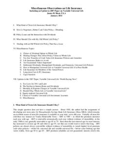 Miscellaneous Observations on Life Insurance Including an Update to 2007 Paper on Variable Universal Life James H. Hunt, F.S.A January[removed]I.