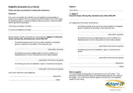 Eligibility Declaration by a Charity  Supplier Please note there are penalties for making false declarations