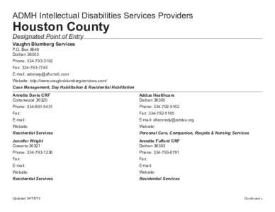 ADMH Intellectual Disabilities Services Providers  Houston County Designated Point of Entry Vaughn Blumberg Services P.O. Box 8646