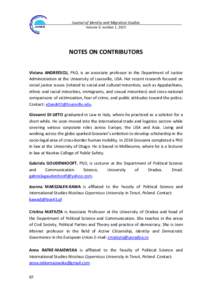 Journal of Identity and Migration Studies Volume 9, number 1, 2015 NOTES ON CONTRIBUTORS Viviana ANDREESCU, PhD, is an associate professor in the Department of Justice Administration at the University of Louisville, USA.