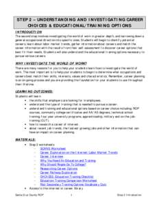 STEP 2 – UNDERSTANDING AND INVESTIGATING CAREER CHOICES & EDUCATIONAL/TRAINING OPTIONS INTRODUCTION The second step involves investigating the world of work in greater depth, and narrowing down a general occupational d