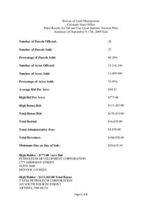 Bureau of Land Management Colorado State Office Final Results for Oil and Gas Lease Internet Auction Pilot Summary of September 9-17th, 2009 Sale Number of Parcels Offered: