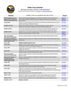 Ballot Issue Calendar Montana Secretary of State Linda McCulloch Elections and Government Services  sos.mt.gov  [removed] Deadline Signature gathering may not