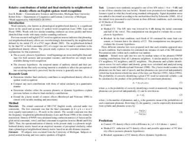 Relative contributions of initial and final similarity to neighborhood density effects on English spoken word recognition Task Listeners were randomly assigned to one of two S/N ratios (−6 or −9 dB) and to one of thr