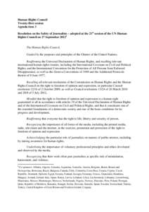 Human Rights Council Twenty-first session Agenda item 3 Resolution on the Safety of Journalists – adopted at the 21st session of the UN Human Rights Council on 27 September 20121