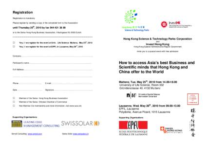 How to access Asia’s best Business and Scientific minds that Hong Kong and China offer to the World - Muttenz - May 25, 2010 & Lausanne - May 26, 2010