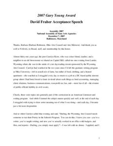 NASAA Assembly 2007: 2007 Gary Young Award: David Fraher Accepttance Speech