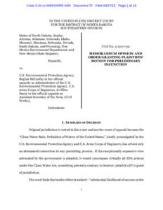 Case 3:15-cvRRE-ARS Document 70 FiledPage 1 of 18  IN THE UNITED STATES DISTRICT COURT FOR THE DISTRICT OF NORTH DAKOTA SOUTHEASTERN DIVISION States of North Dakota, Alaska,