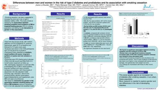 Differences between men and women in the risk of type 2 diabetes and prediabetes and its association with smoking cessation Joana Le Boudec, MD(1) ; Pedro Marques-Vidal, MD, PhD(2) ; Jacques Cornuz, MD, MPH(1) ; Carole C