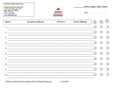 CHAPTER LEADER SEND TO NSA  _________ Family Chapter Sign-in Sheet National Stuttering Association 119 W. 40th Street, 40th Floor