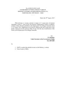 No.A[removed]Ad.II GOVERNMENT OF INIDA/ BHARAT SARKAR MINISTRY OF HOME AFFAIRS/GRIH MANTRALAYA NORTH BLOCK, NEW DELHI – 110001 ………. Dated, the 19th August, 2013