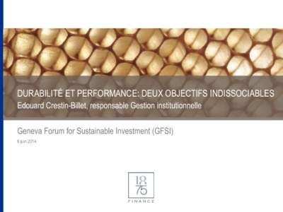 DURABILITÉ ET PERFORMANCE: DEUX OBJECTIFS INDISSOCIABLES Edouard Crestin-Billet, responsable Gestion institutionnelle Geneva Forum for Sustainable Investment (GFSI) 6 juin 2014