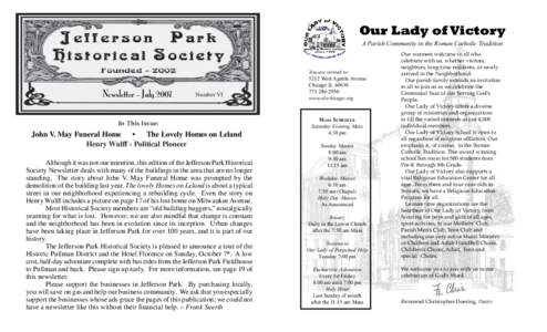 Our Lady of Victory A Parish Community in the Roman Catholic Tradition Newsletter – July[removed]Number VI