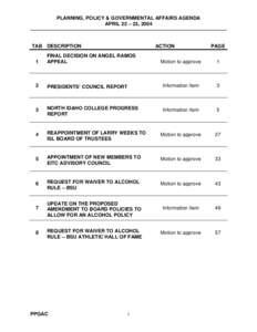 PLANNING, POLICY & GOVERNMENTAL AFFAIRS AGENDA APRIL 22 – 23, 2004 TAB DESCRIPTION  ACTION