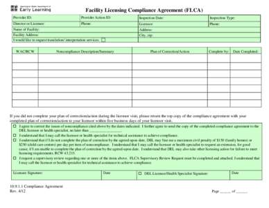 Facility Licensing Compliance Agreement (FLCA) Provider ID: Provider Action ID:  Director or Licensee: