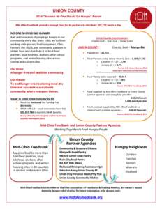 UNION COUNTY 2014 “Because No One Should Go Hungry” Report Mid-Ohio Foodbank provides enough food for its partners to distribute 107,772 meals a day. NO ONE SHOULD GO HUNGRY And yet thousands of people go hungry in o