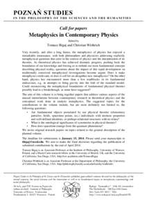 POZNAŃ STUDIES IN THE PHILOSOPHY OF THE SCIENCES AND THE HUMANITIES Call for papers  Metaphysics in Contemporary Physics