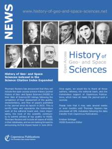 History of Geo- and Space Sciences indexed in the Science Citation Index Expanded Thomson Reuters has announced that they will include the open access science-history journal History of Geo- and Space Sciences (HGSS) in