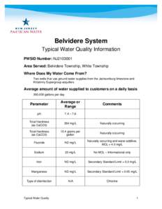 Belvidere System Typical Water Quality Information PWSID Number: NJ2103001 Area Served: Belvidere Township, White Township Where Does My Water Come From? Two wells that use ground water supplies from the Jacksonburg lime