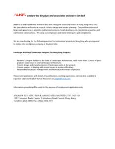 andrew lee king fun and associates architects limited ALKF+ is a well-established architect firm with a long and successful history in Hong Kong since[removed]We specialize in architectural projects, interior design and ma