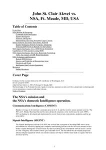 John St. Clair Akwei vs. NSA, Ft. Meade, MD, USA Table of Contents Cover Page NSA Mission & Operations Communications Intelligence