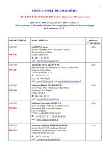 1  COUR D’APPEL DE CHAMBÉRY LISTE DES ENQUÊTEURS SOCIAUX - (dressée en 2015 pour 5 ans) (Décret N° du 12 marsarticle 1) Mise à jour par l’Assemblée Générale des magistrats du siège de la co
