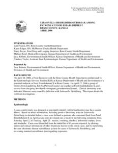 Food Associated Salmonella Heidelberg Illness Reno, McPherson, Barton, Stafford Counties April 2006 SALMONELLA HEIDELBERG OUTBREAK AMONG PATRONS AT FOOD ESTABLISHMENT