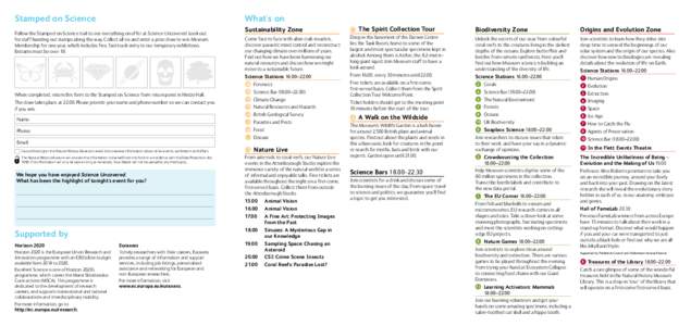 Stamped on Science  What’s on Follow the Stamped on Science trail to see everything on offer at Science Uncovered. Look out for staff handing out stamps along the way. Collect all six and enter a prize draw to win Muse