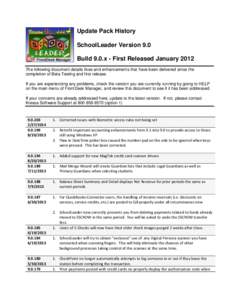 Update Pack History SchoolLeader Version 9.0 Build 9.0.x - First Released January 2012 The following document details fixes and enhancements that have been delivered since the completion of Beta Testing and first release