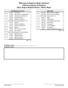 Midwestern Baptist College Seminary Official Academic Evaluation A.R.E. Degree Requirements ~ Music Major Foundational Courses BL 101 Pentateuch BL 105 Introduction to English Bible