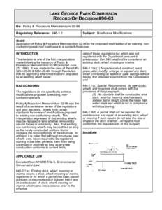 LAKE GEORGE PARK COMMISSION RECORD OF DECISION #96-03 Re: Policy & Procedure MemorandumRegulatory Reference: Subject: Boathouse Modifications